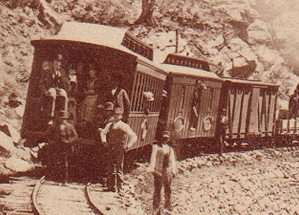 CC baggage car #2 with coach #3 or #4 near Beaver Brook Station, c. 1875