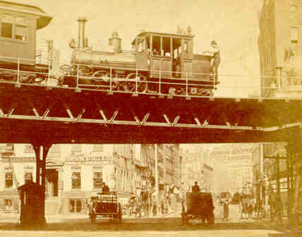 Forney steam locomotive on elevated tracks