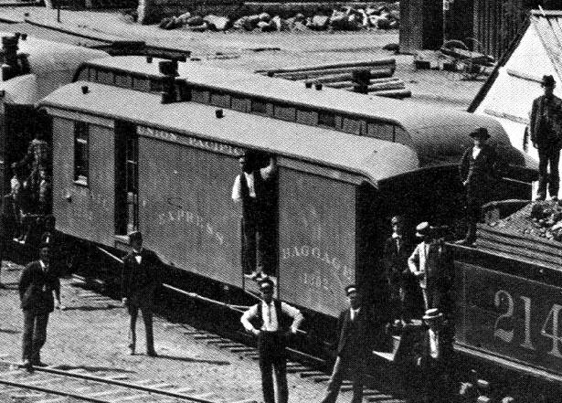 DL&G baggage-mail-express car #1302 at Morrison, late 1880s