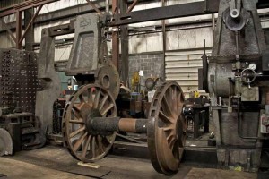 One of Chicago & North Western steam locomotive No. 1385's 63-inch drivers with tires removed at Strasburg Rail Road for maintenance and repair.