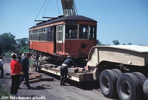 Trolley car being loaded to leave MCRM.