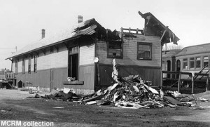 April 5, 1970 photo shows damage caused to depot by a fire a day earlier; MCRM collection