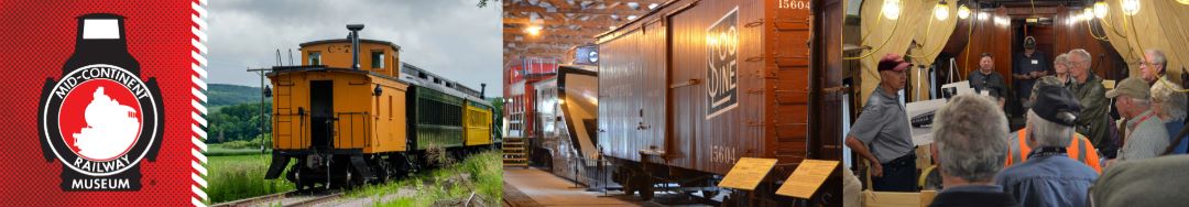 Mid-Continent Railway Museum logo banner with images of train cars and people.