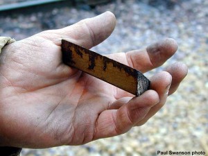 One of the triangular "glue blocks" used to support the siding on the car in lieu of solid blocking. The Pullman display car also used similar blocks (as seen in the photo on the opposite page). Photo by Paul Swanson.