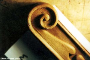 The mark on the inside of the volute is from the hand chisel used to clean out the fillet left after this piece was cut on a carving machine.