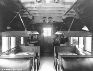 CNW drovers caboose interior after 1937 rebuild, C&NWHS collection, no specific date on 8x10 B&W print