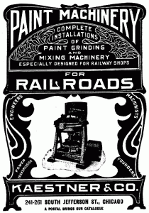An advertisement from the June 1904 issue of Railway Master Mechanic illustrates a paint grinding mill. An article later in the same issue described the mill and noted the Chicago and North Western Railway as being one of the users of these mills.