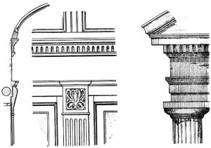 This illustration from Railroad Car Journal, March 1893, shows the relationship of the interior of a railroad car, pictured on the left and center, to the classical architecture pictured on the right. It appeared with an article by Archer Richards on railroad car design.