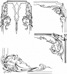 These designs were submitted to Railroad Car Journal by G.O. Nelson. Note the flower growing directly out of the stripe. These designs show the American interpretation of Art Nouveau. They appeared in the September 1897 issue.